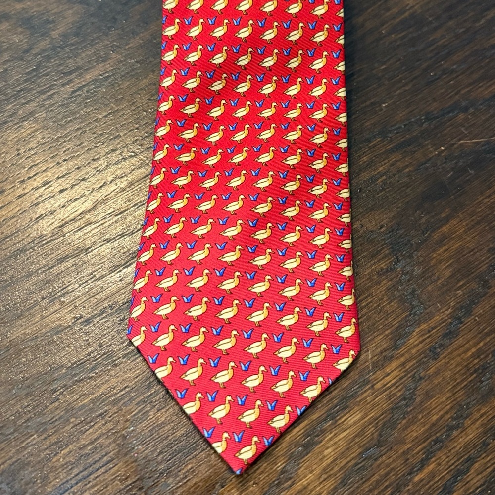 Late 80s Harrods Red Silk Tie with Yellow Mallards and Blue Water Motif